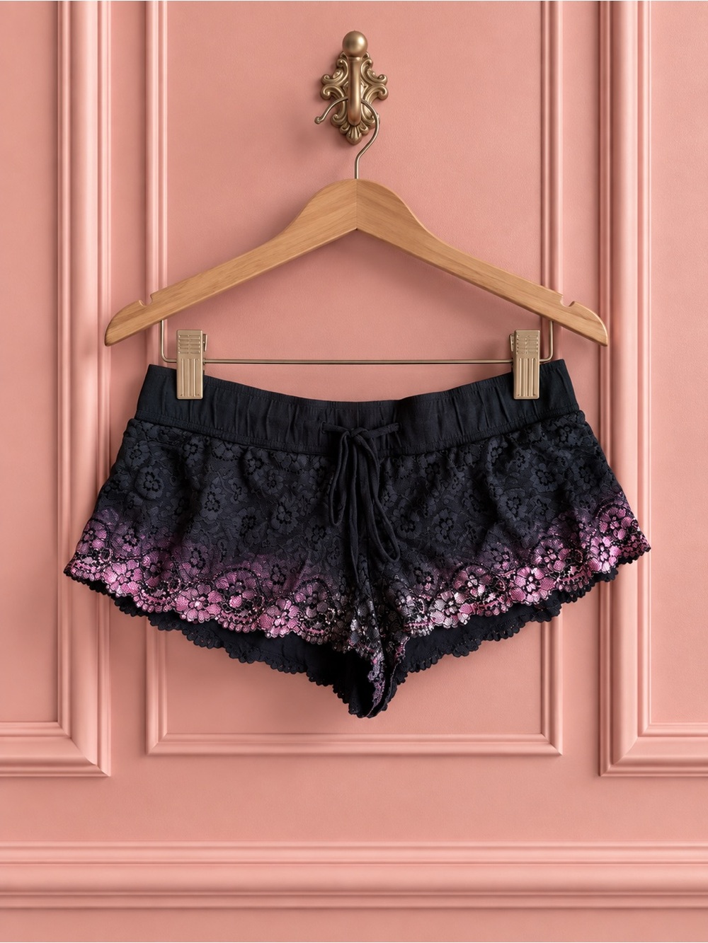 La Senza Black Lace Trim Sleep Shorts with Pink Accent Size L